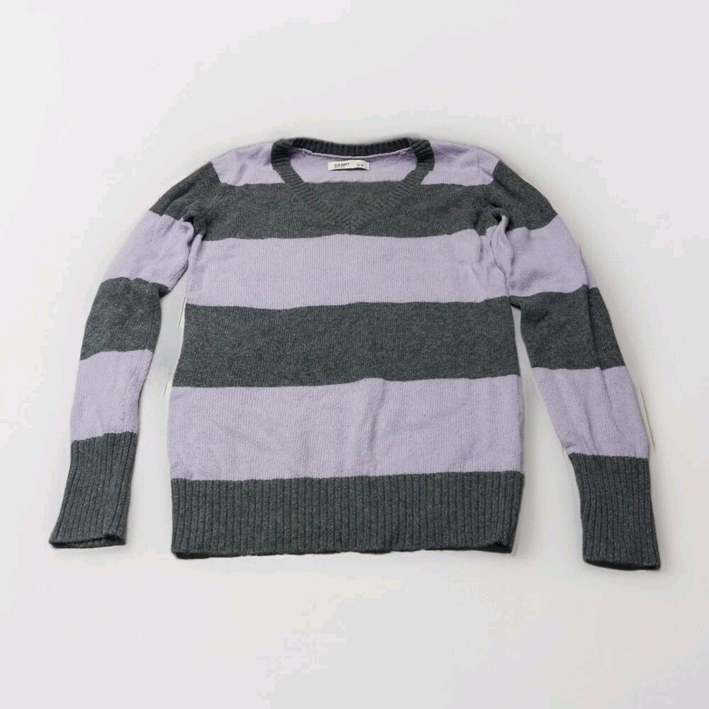 Old Navy Size Small Lavender Gray Striped V Neck Sweater Comfy Mom Teacher Retro